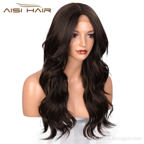 Aisi Hair 24 Inch Long Wavy Mixed Brown Wig Body Wave Swiss Lace Wig Middle Part Cheap  Lace Front Wigs For Black Women